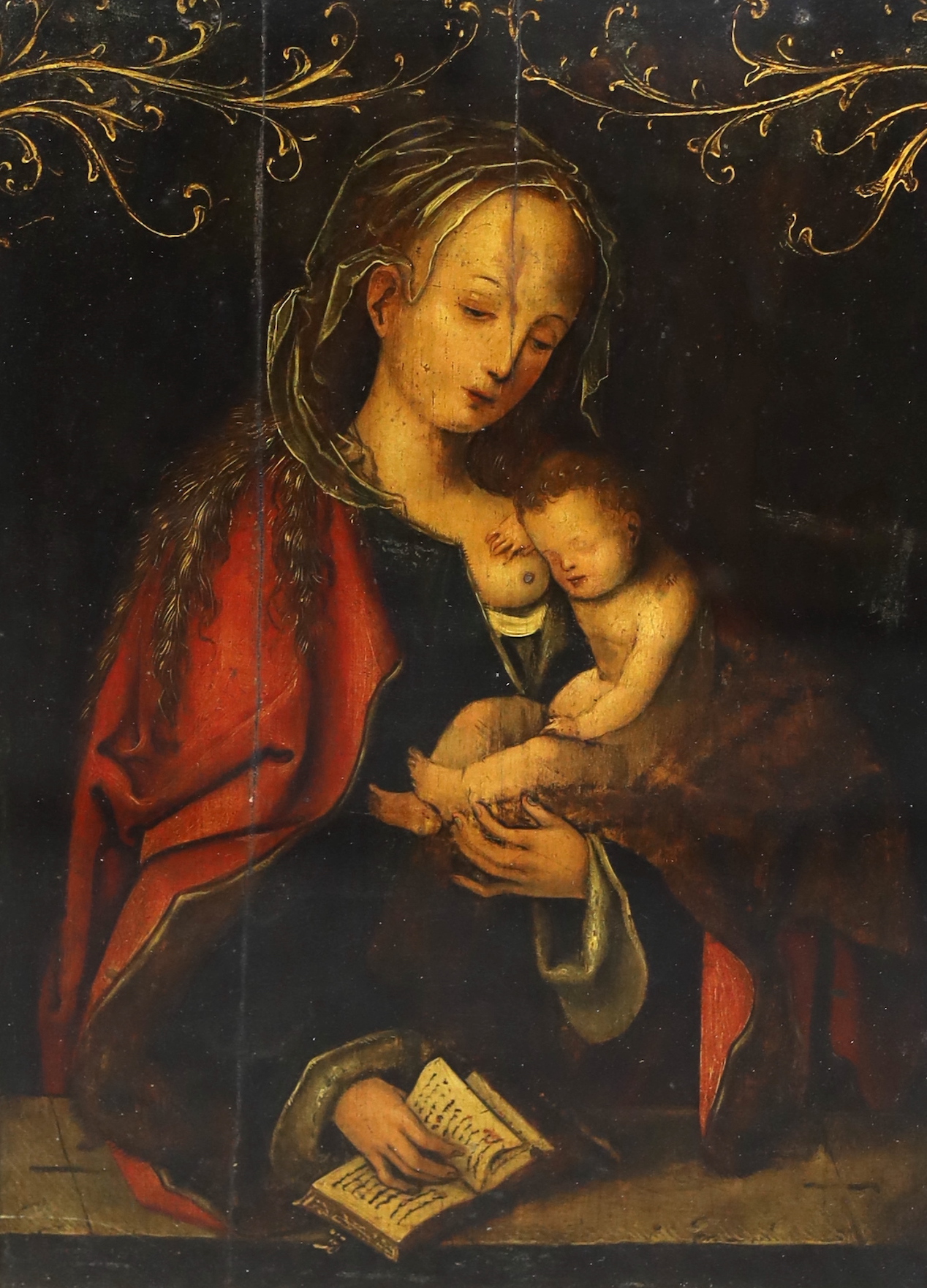 After Lucas Cranach (1472-1553), Virgin and child holding a missal, oil on wooden panel, 39.5 x 28cm